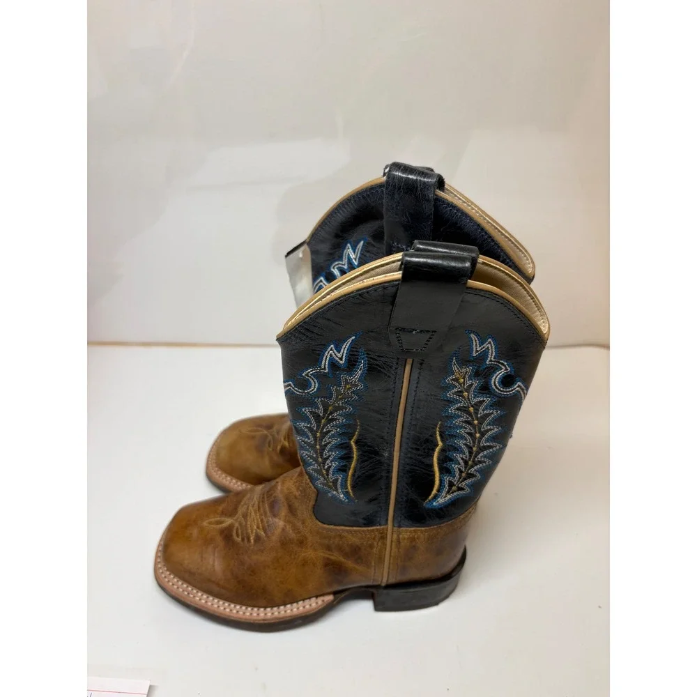 Old West Kids BSC1960 Tan Blue Embroidered Leather Cowboy Boots Size 11.5 D